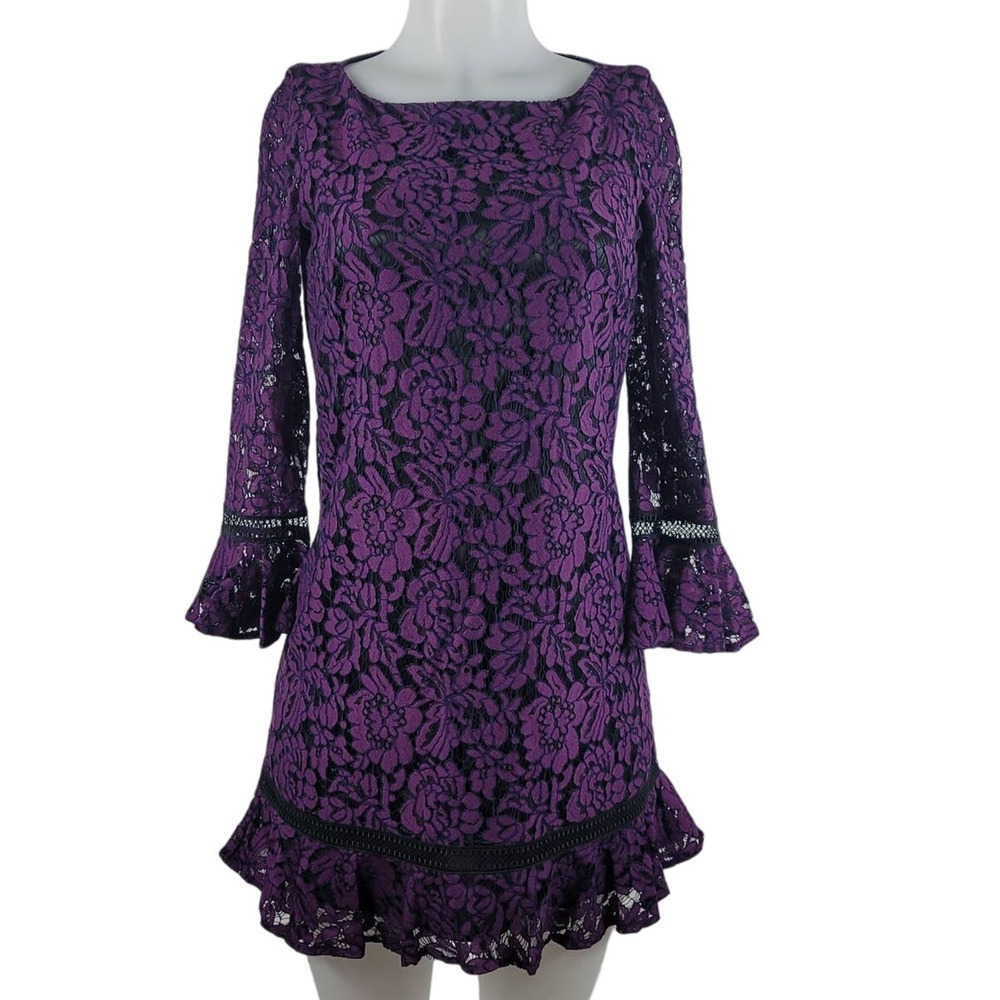 Eliza J Stunning Vacation Cruise Purple Black Floral Lace Women's Dress 2P